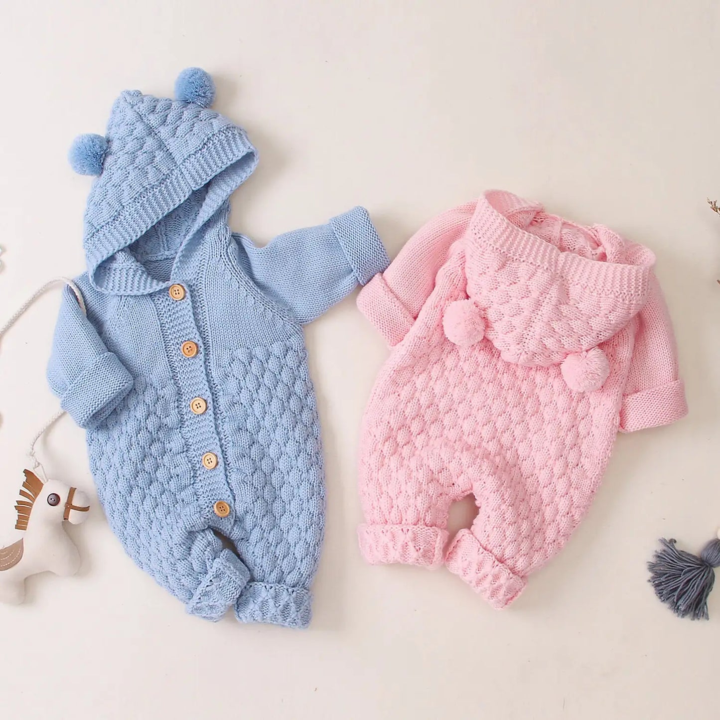 Bear Ear Knit Romper With Hoodie