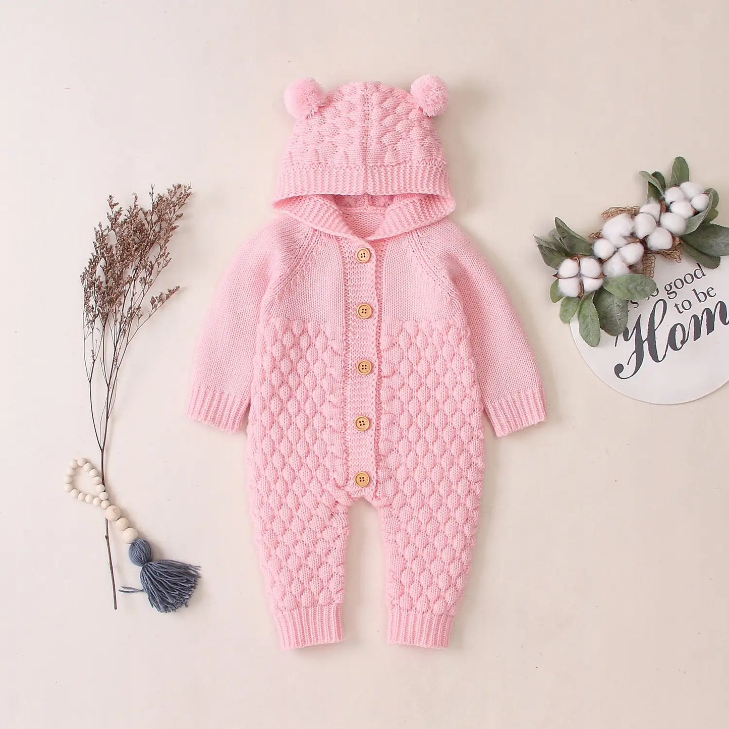 Bear Ear Knit Romper With Hoodie