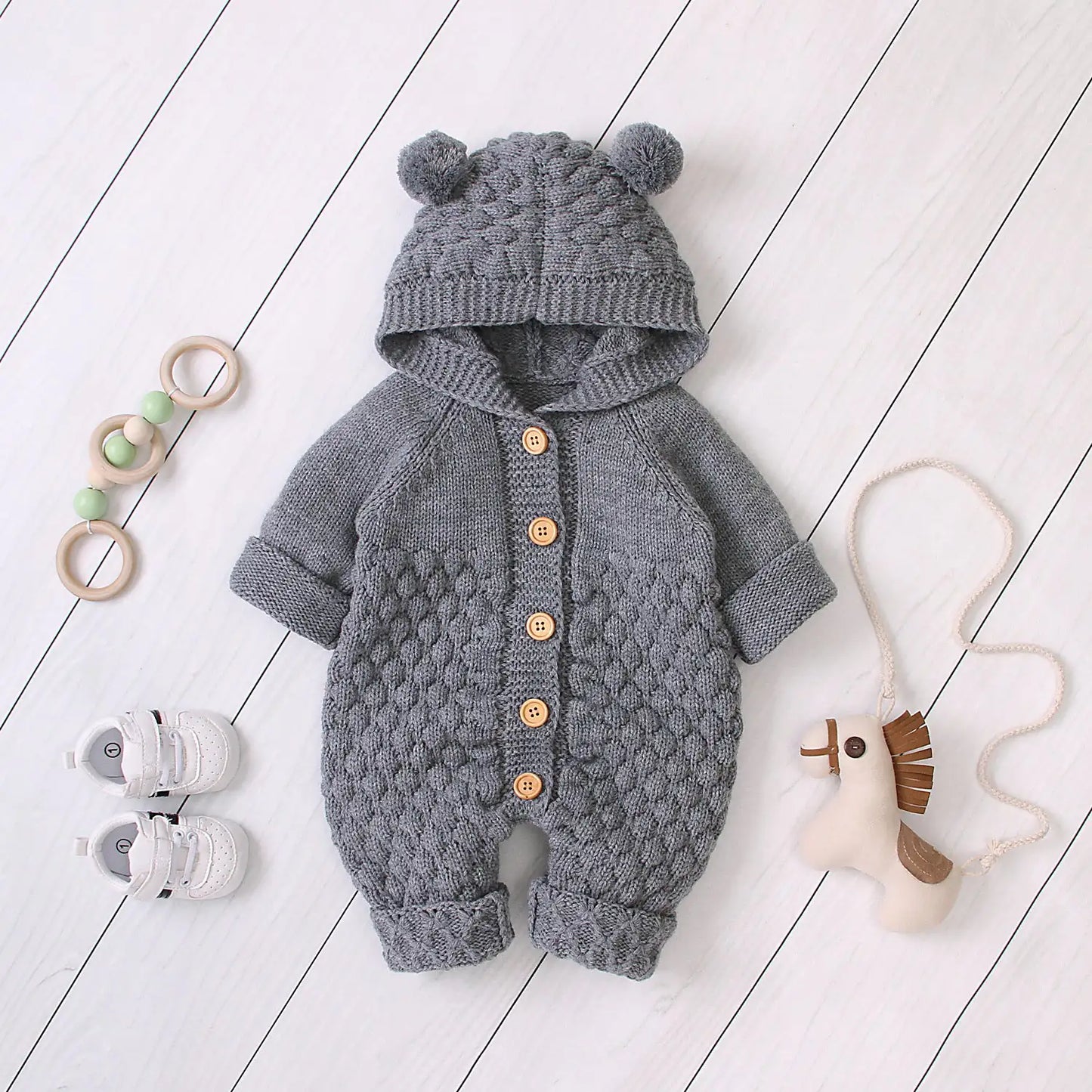 Bear Ear Knit Romper With Hoodie